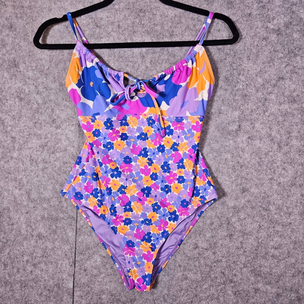 Roxy Girls Purple Floral One Piece Swimsuit Tie Front Ruched Beachwear Small